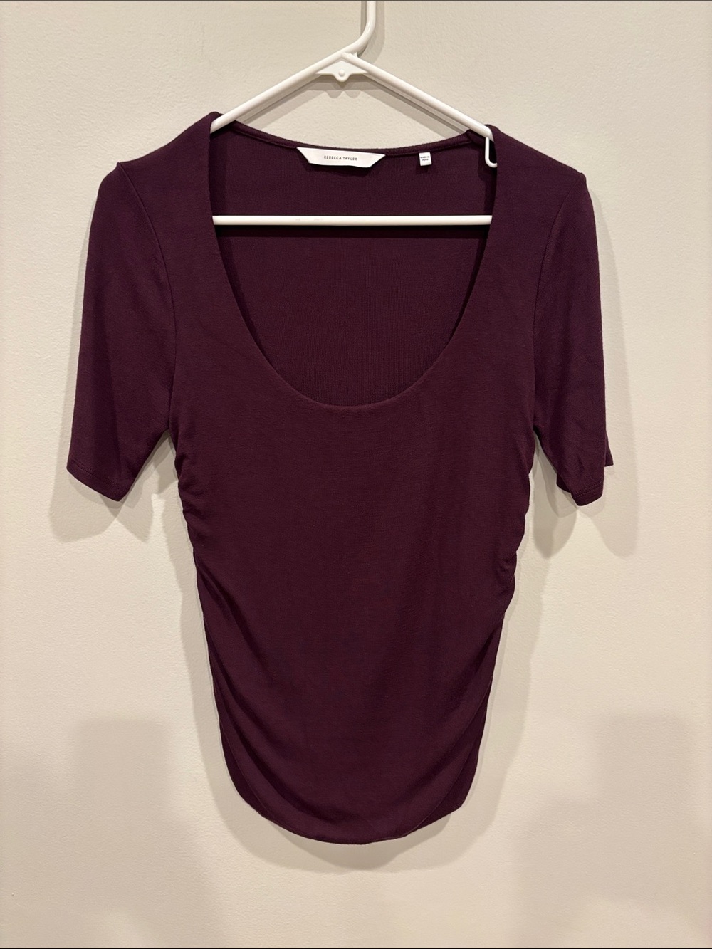 Rebecca Taylor Scoop Neck Ruched Short Sleeve Top - Wine